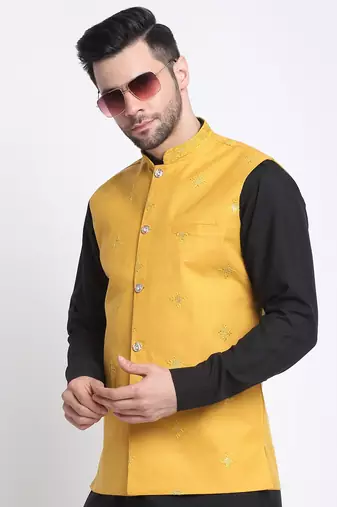 Men Cotton Black Pathani Kurta & Salwar with Yellow Nehru Jacket