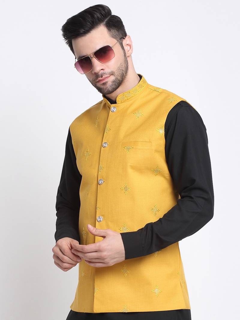 Men Cotton Black Pathani Kurta & Salwar with Yellow Nehru Jacket