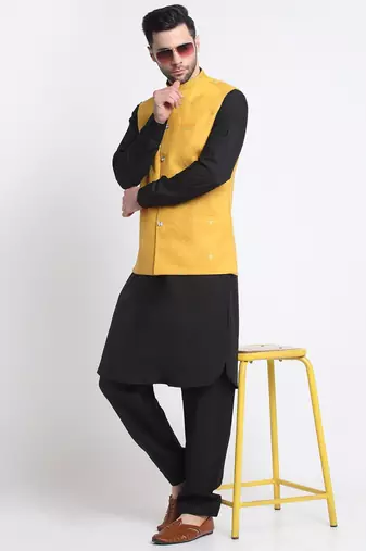 Men Cotton Black Pathani Kurta & Salwar with Yellow Nehru Jacket