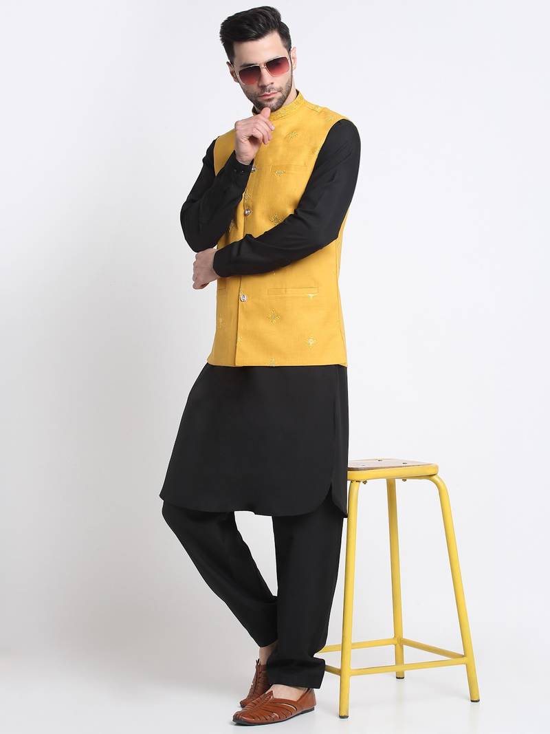 Men Cotton Black Pathani Kurta & Salwar with Yellow Nehru Jacket