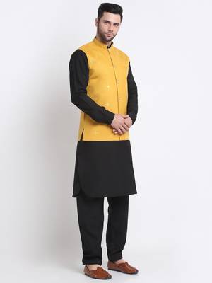 Men Cotton Black Pathani Kurta & Salwar with Yellow Nehru Jacket 5
