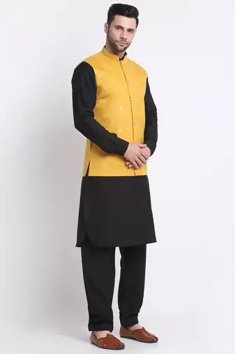 Men Cotton Black Pathani Kurta & Salwar with Yellow Nehru Jacket