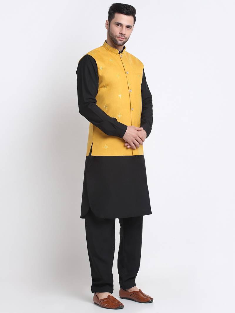 Men Cotton Black Pathani Kurta & Salwar with Yellow Nehru Jacket