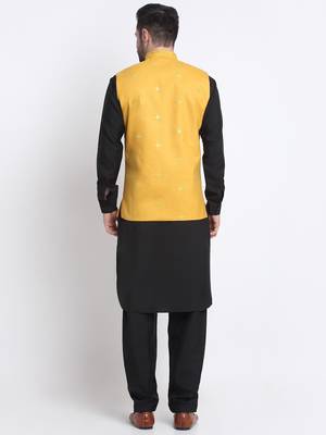 Men Cotton Black Pathani Kurta & Salwar with Yellow Nehru Jacket 6
