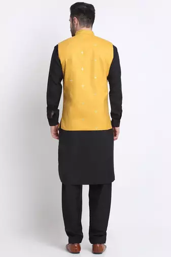 Men Cotton Black Pathani Kurta & Salwar with Yellow Nehru Jacket