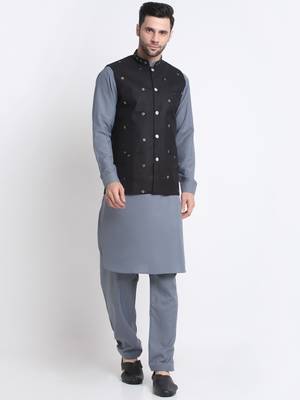 Men Cotton Grey Pathani Kurta & Salwar with Black Nehru Jacket 1