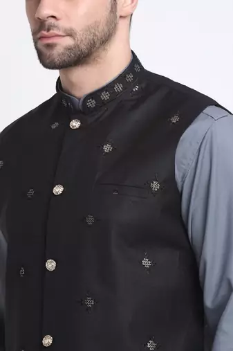 Men Cotton Grey Pathani Kurta & Salwar with Black Nehru Jacket