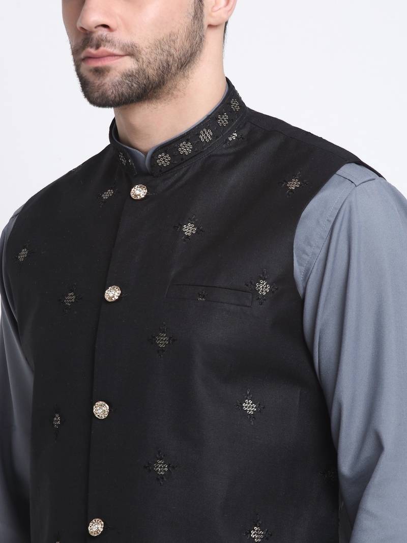 Men Cotton Grey Pathani Kurta & Salwar with Black Nehru Jacket