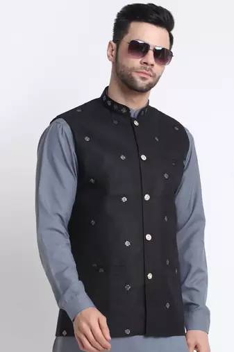 Men Cotton Grey Pathani Kurta & Salwar with Black Nehru Jacket