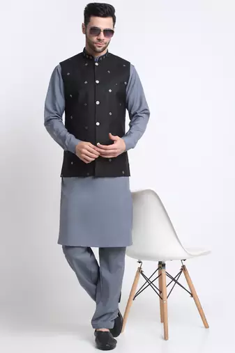 Men Cotton Grey Pathani Kurta & Salwar with Black Nehru Jacket