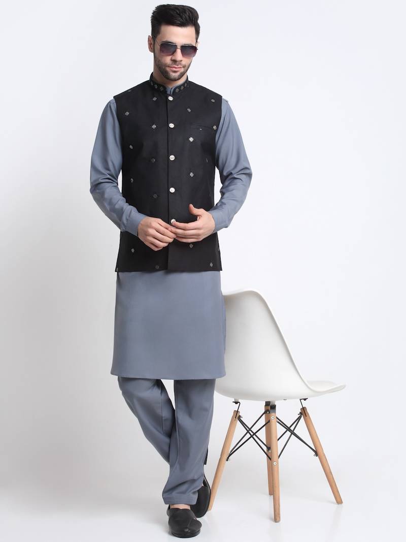 Men Cotton Grey Pathani Kurta & Salwar with Black Nehru Jacket