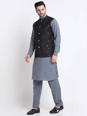 Men Cotton Grey Pathani Kurta & Salwar with Black Nehru Jacket 5