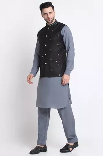 Men Cotton Grey Pathani Kurta & Salwar with Black Nehru Jacket