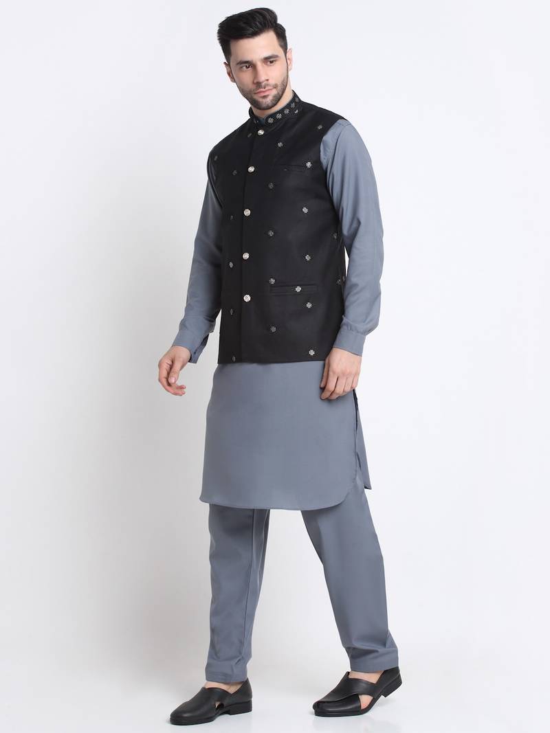 Men Cotton Grey Pathani Kurta & Salwar with Black Nehru Jacket