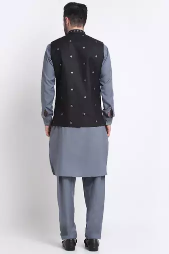 Men Cotton Grey Pathani Kurta & Salwar with Black Nehru Jacket
