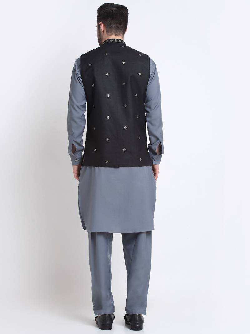 Men Cotton Grey Pathani Kurta & Salwar with Black Nehru Jacket