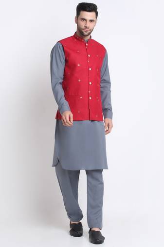Men Cotton Grey Pathani Kurta & Salwar with Red Nehru Jacket