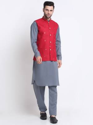 Men Cotton Grey Pathani Kurta & Salwar with Red Nehru Jacket 1