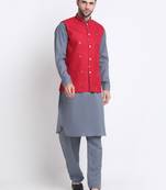Men Cotton Grey Pathani Kurta & Salwar with Red Nehru Jacket