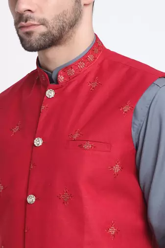 Men Cotton Grey Pathani Kurta & Salwar with Red Nehru Jacket