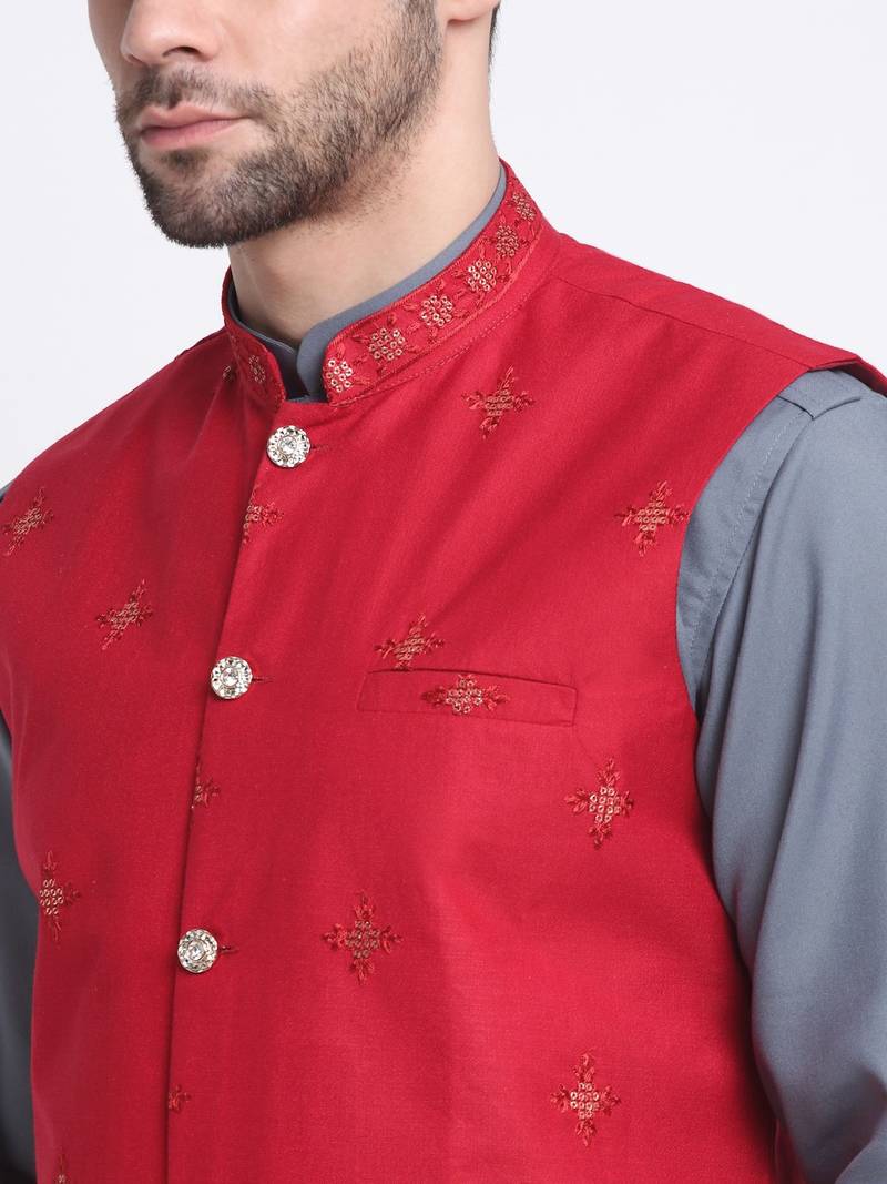 Men Cotton Grey Pathani Kurta & Salwar with Red Nehru Jacket