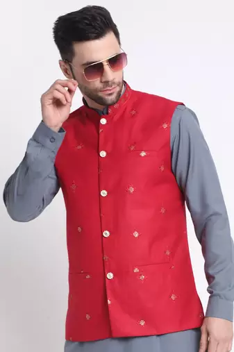 Men Cotton Grey Pathani Kurta & Salwar with Red Nehru Jacket