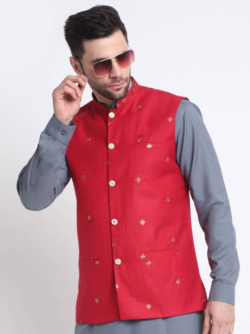 Men Cotton Grey Pathani Kurta & Salwar with Red Nehru Jacket