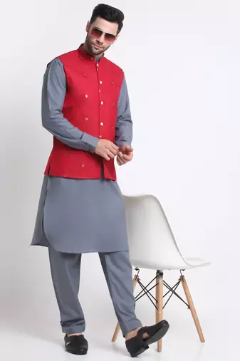 Men Cotton Grey Pathani Kurta & Salwar with Red Nehru Jacket
