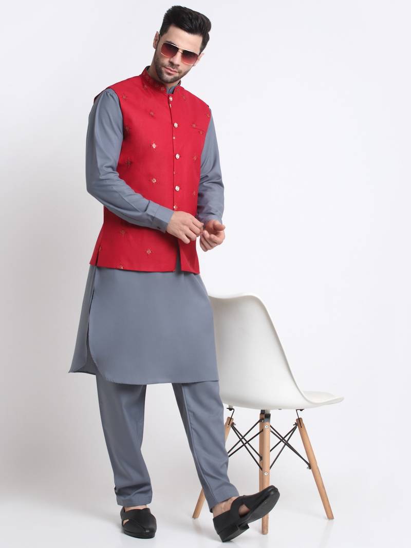 Men Cotton Grey Pathani Kurta & Salwar with Red Nehru Jacket