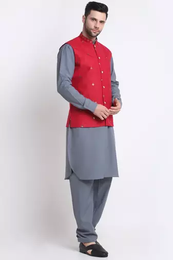 Men Cotton Grey Pathani Kurta & Salwar with Red Nehru Jacket