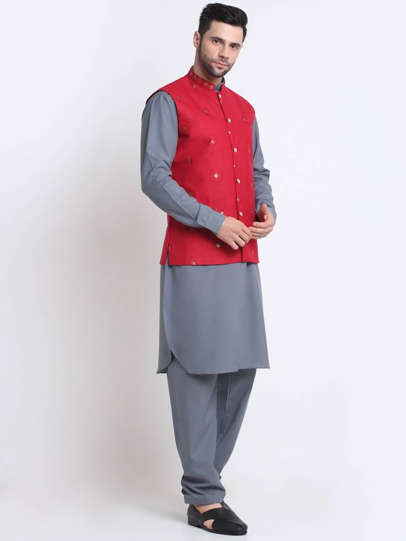 Men Cotton Grey Pathani Kurta & Salwar with Red Nehru Jacket
