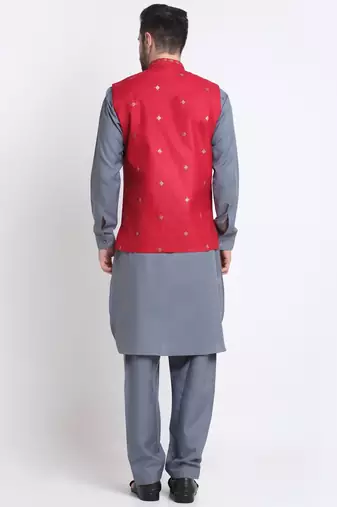 Men Cotton Grey Pathani Kurta & Salwar with Red Nehru Jacket