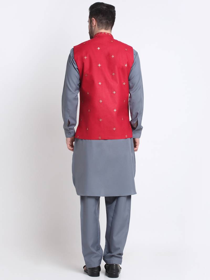 Men Cotton Grey Pathani Kurta & Salwar with Red Nehru Jacket