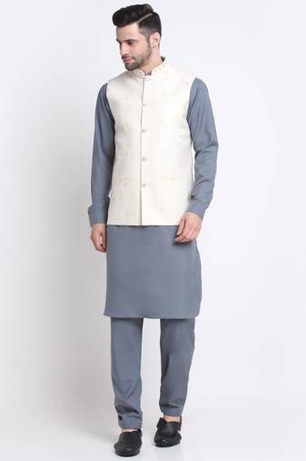 Men Cotton Grey Pathani Kurta & Salwar with White Nehru Jacket