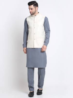 Men Cotton Grey Pathani Kurta & Salwar with White Nehru Jacket 1