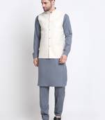 Men Cotton Grey Pathani Kurta & Salwar with White Nehru Jacket