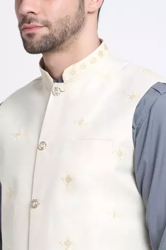 Men Cotton Grey Pathani Kurta & Salwar with White Nehru Jacket