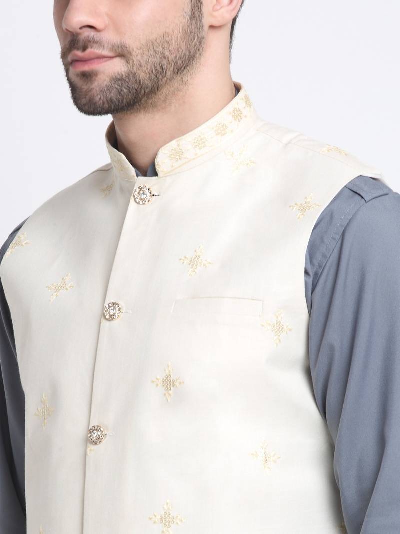 Men Cotton Grey Pathani Kurta & Salwar with White Nehru Jacket