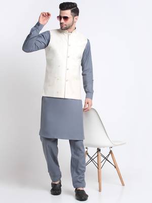 Men Cotton Grey Pathani Kurta & Salwar with White Nehru Jacket 3
