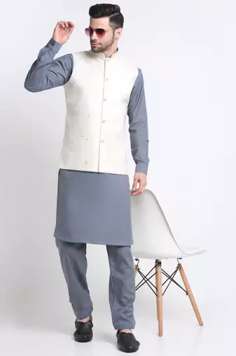 Men Cotton Grey Pathani Kurta & Salwar with White Nehru Jacket