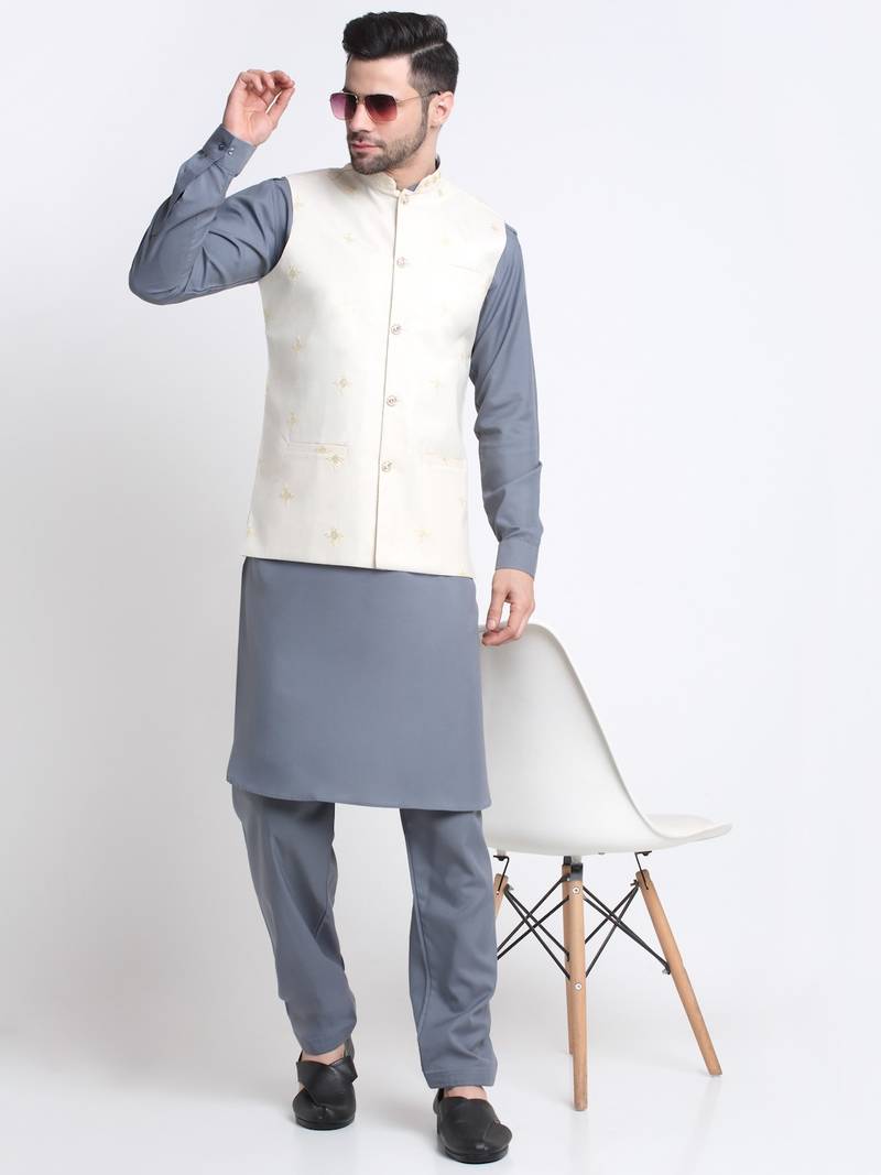 Men Cotton Grey Pathani Kurta & Salwar with White Nehru Jacket