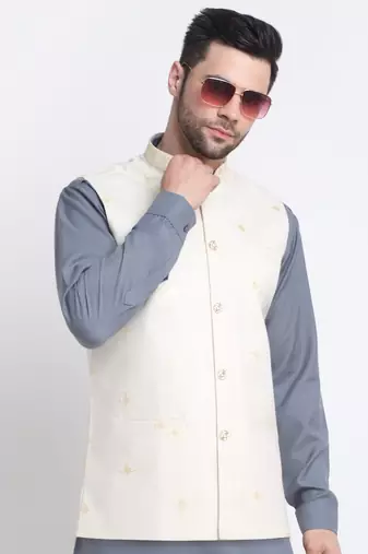 Men Cotton Grey Pathani Kurta & Salwar with White Nehru Jacket