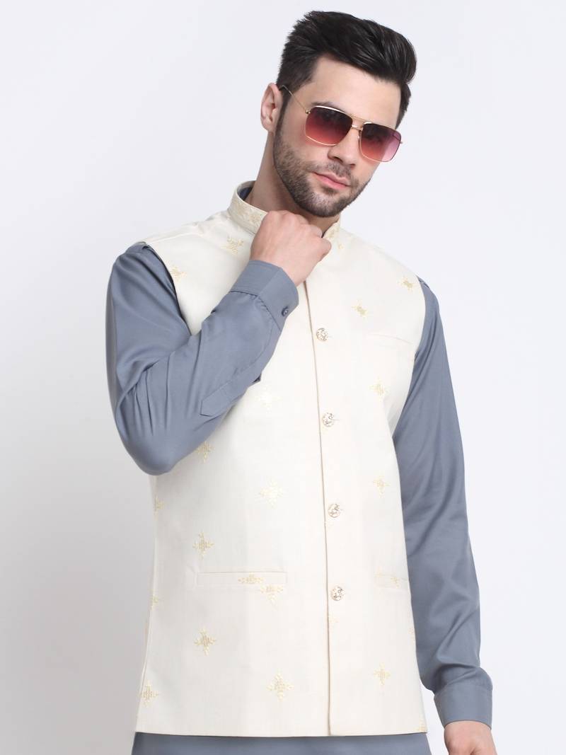 Men Cotton Grey Pathani Kurta & Salwar with White Nehru Jacket
