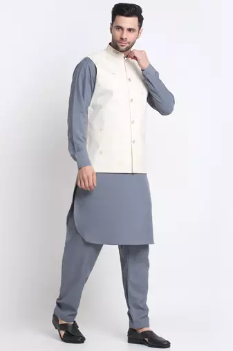 Men Cotton Grey Pathani Kurta & Salwar with White Nehru Jacket