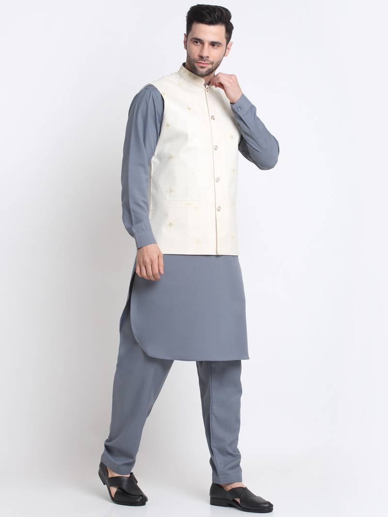 Men Cotton Grey Pathani Kurta & Salwar with White Nehru Jacket