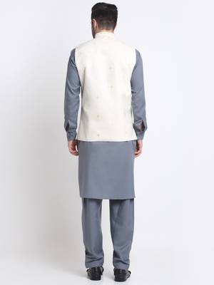 Men Cotton Grey Pathani Kurta & Salwar with White Nehru Jacket 6