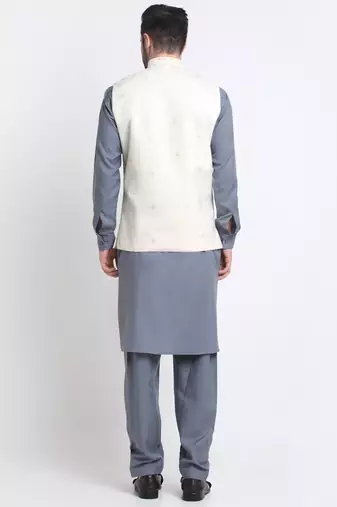 Men Cotton Grey Pathani Kurta & Salwar with White Nehru Jacket