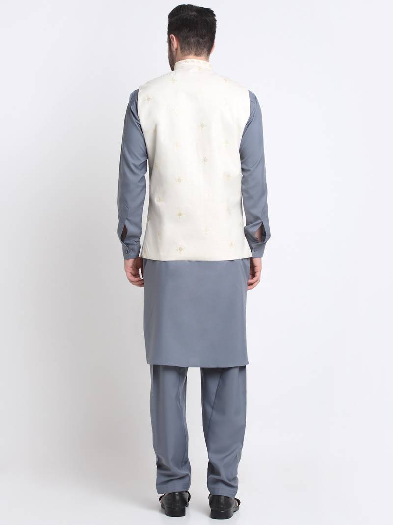 Men Cotton Grey Pathani Kurta & Salwar with White Nehru Jacket