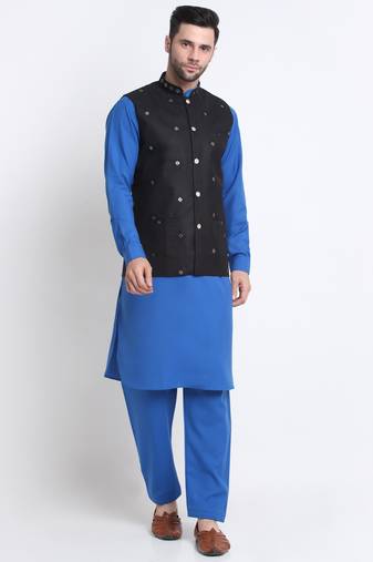 Men Cotton Royal Blue Pathani Kurta & Salwar with Black Nehru Jacket
