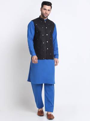 Men Cotton Royal Blue Pathani Kurta & Salwar with Black Nehru Jacket 1